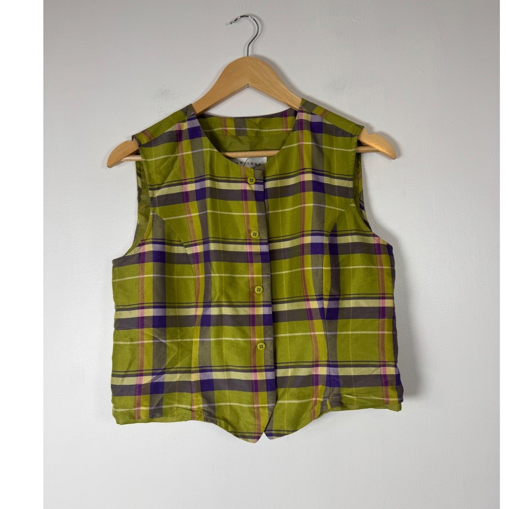 Vintage Silk Lore Beth Terrell Women Sm Vest‎ Green Purple Plaid Silk Waistcoat
